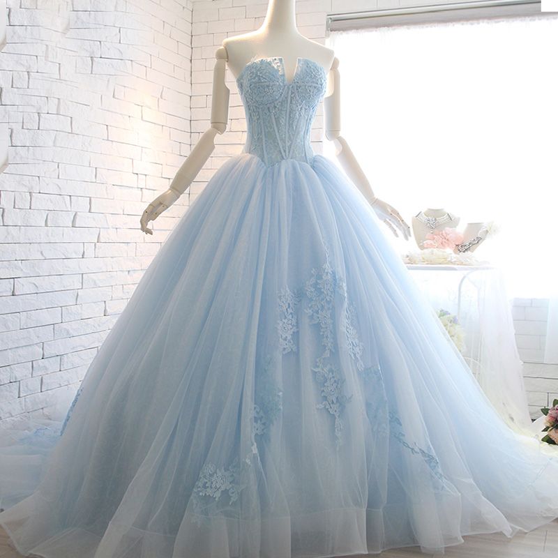 sky blue and white wedding dress