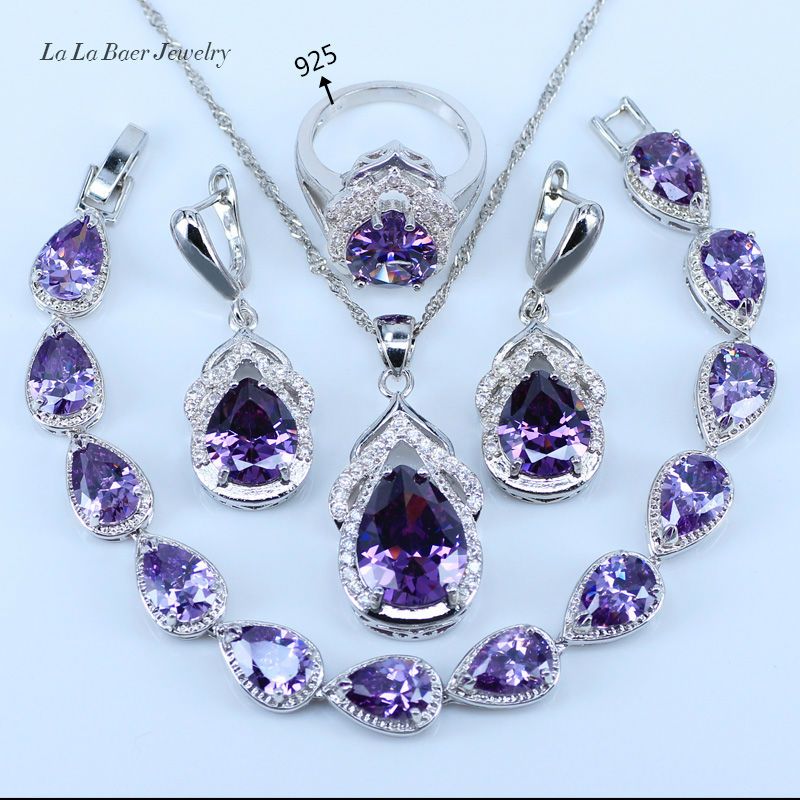 Women Jewellery The Parure Set in Sterling Silver 925 with Cubic Zirconia Teardrop Sapphire Woman