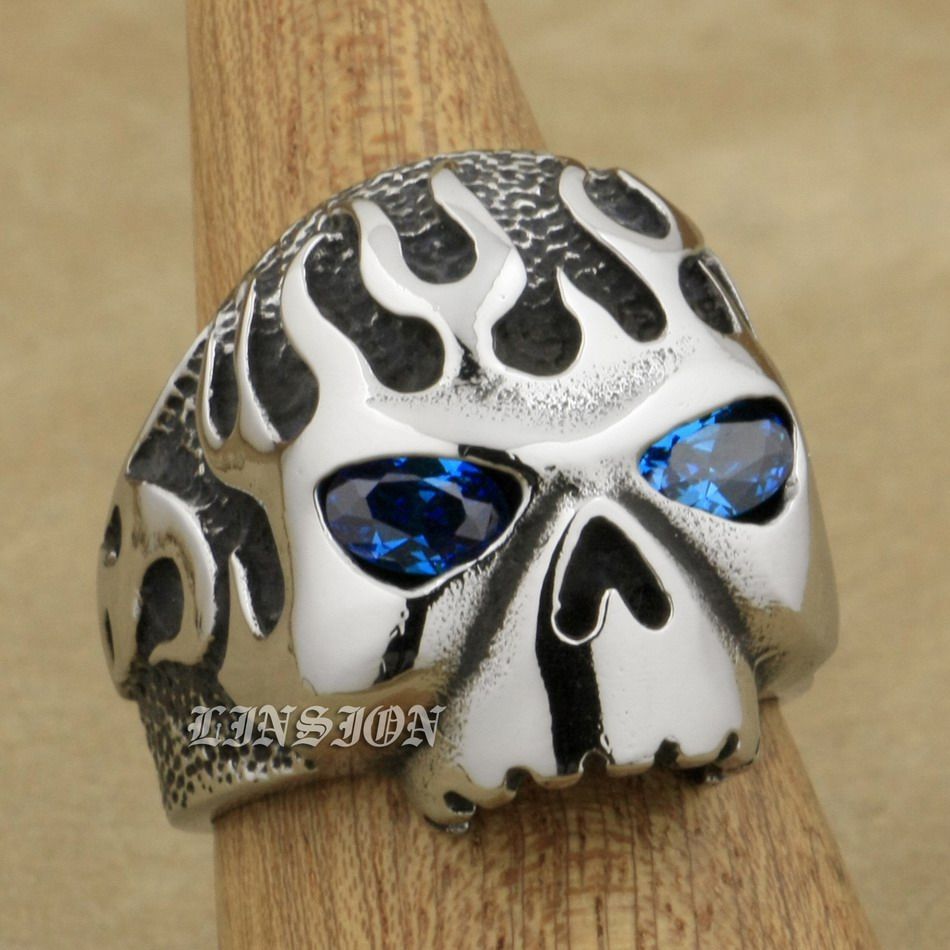 LINSION 316L Stainless Steel Fire Skull Blue CZ Eyes Mens Biker Rocker Punk Ring 3F102 US Size 7 to 15
