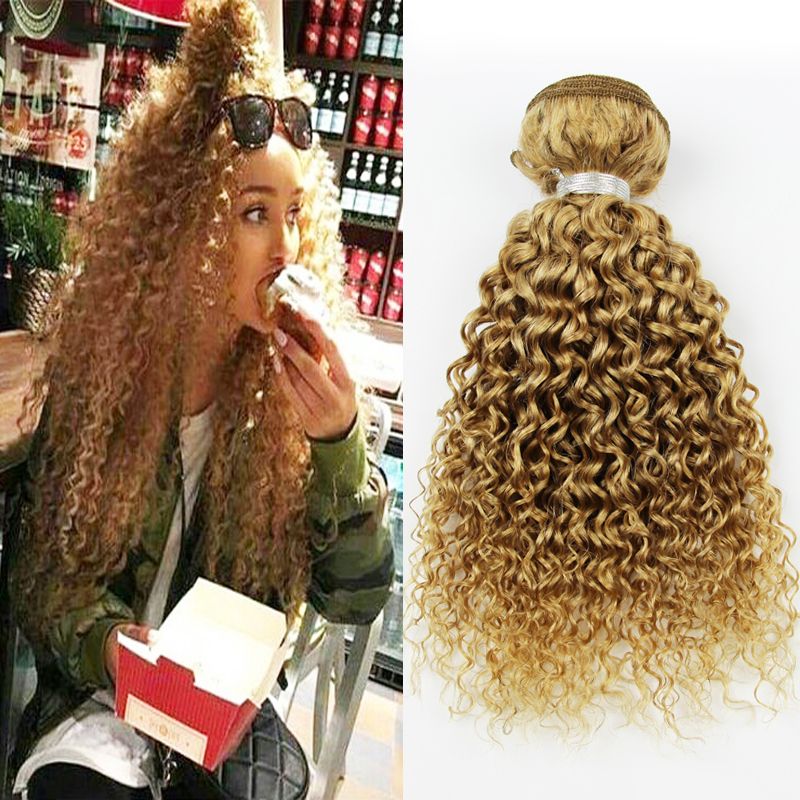 Single Bundle Blonde Curly Hair Extensions Honey Blonde Human Hair Weft