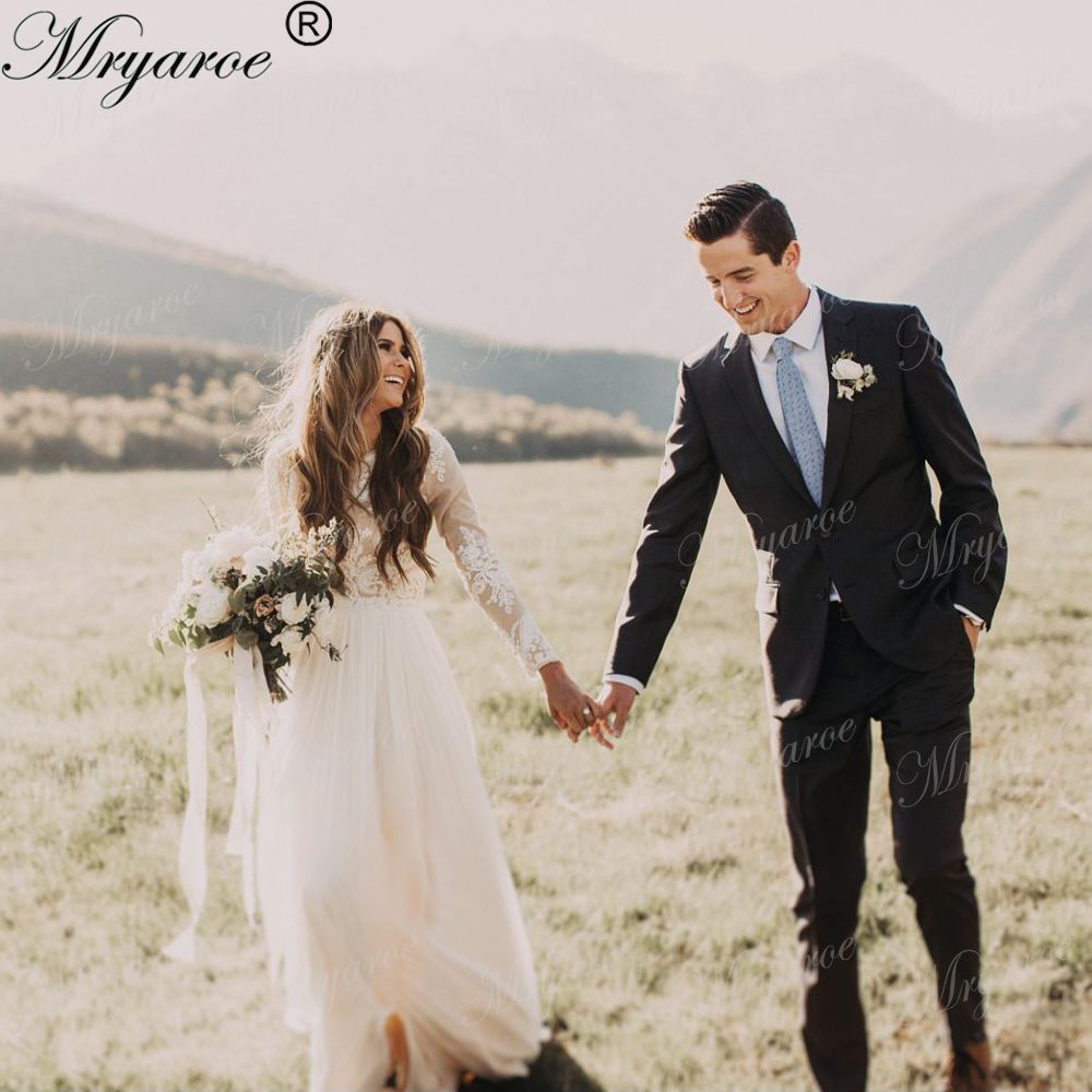 Discount Mryarce Real Picture Lace Long Sleeve Chiffon A Line Rustic Wedding Dresses Appliques Countryside Garden Dress Gown Rental Discount Mryarce Real Picture Lace Long Sleeve Chiffon A Line Rustic Wedding Dresses Appliques Countryside Garden Dress Gown Rental