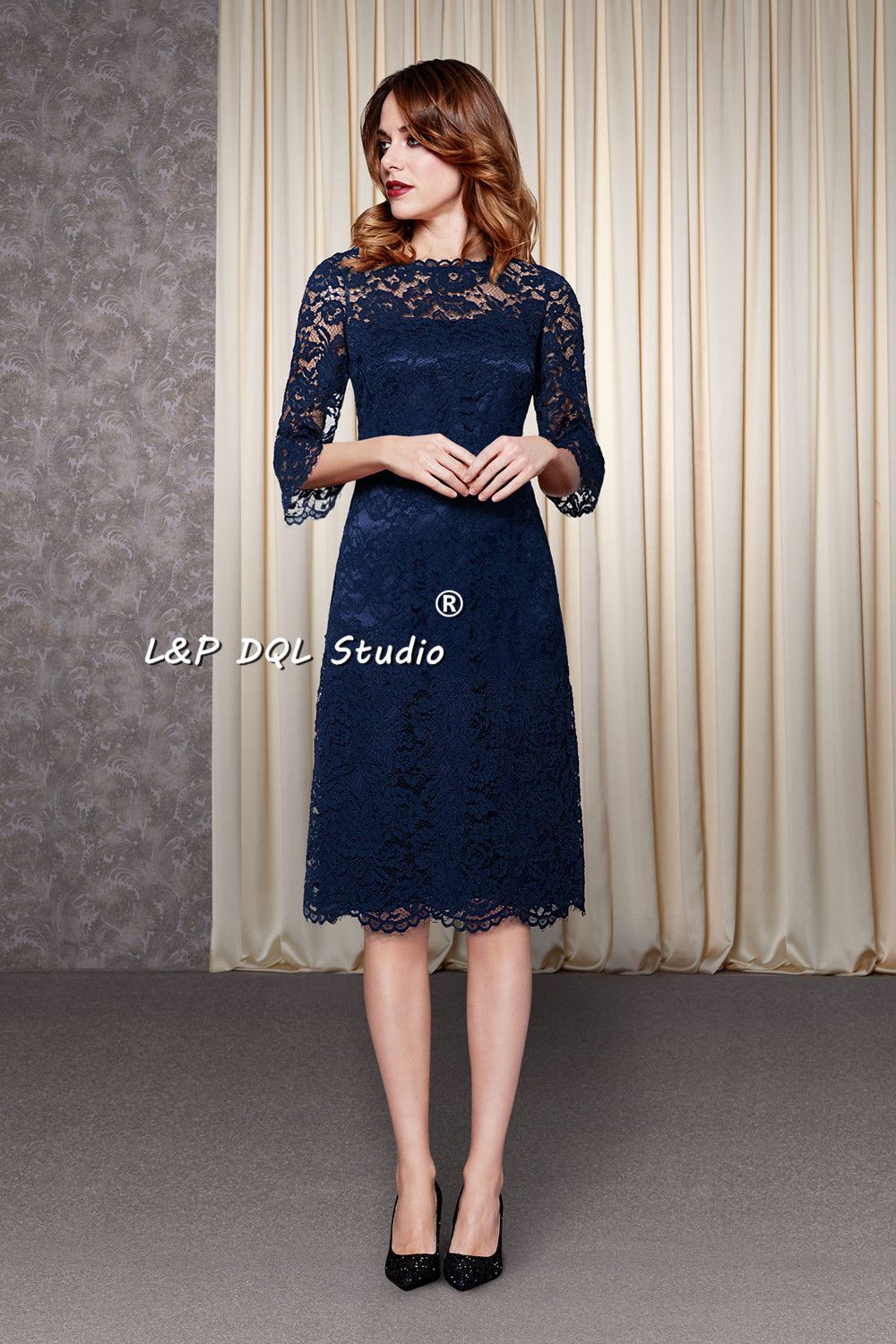 navy blue three quarter sleeve dresses