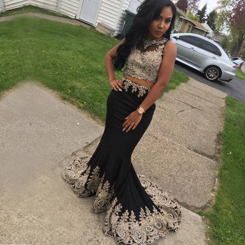 black two piece mermaid prom dress