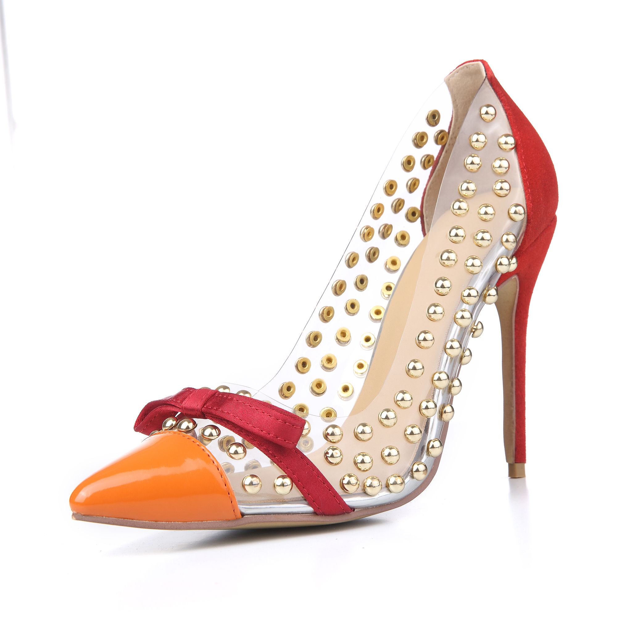 Fashion PVC Clear Pointed Toe Women Pumps Rivets Thin High Heels Gold ...