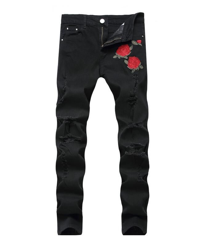 Black Ripped Jeans Men Flowers Rose Embroidered Mens Denim Jeans
