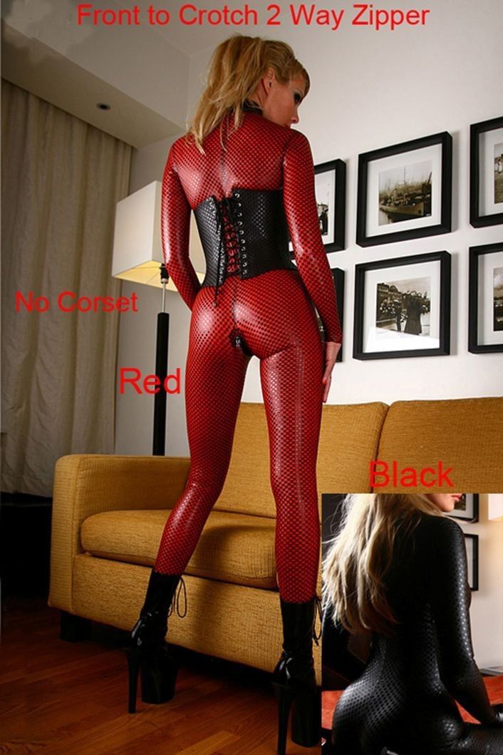 2019 Women Black Red Sexy Faux Leather Clubwear Lattice Pattern Lingerie Adult Jumpsuit Catsuit