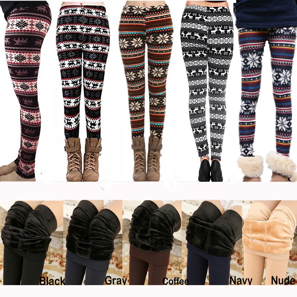 2019 Xmas Winter Leggings For Women Fur Thick Warm Fleece Snowflake ...