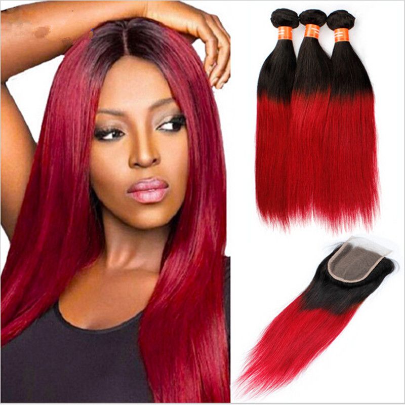Hot Color 1b Red Ombre Peruvian Silk Straight Human Hair