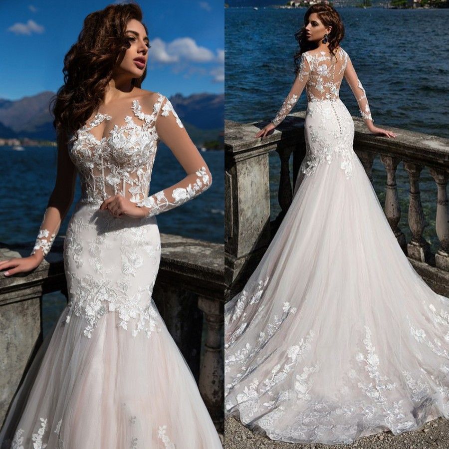 Ivory Long Sleeve Lace Mermaid Wedding Dresses Appliques Sexy Corset