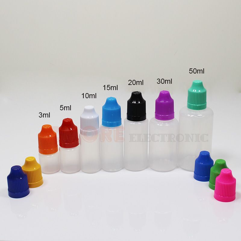 För Vape Oil E cig flytande flaskor 5 ml 10 ml 20 ml 30 ml Tomma Dropper LDPE plast barnsäker kepsar långa tunna nålstips