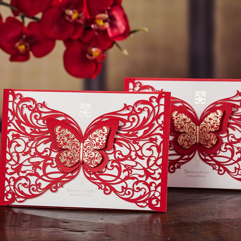 Wholesale Laser Cut Invitation Cards Chinese Red 3d Butterfly