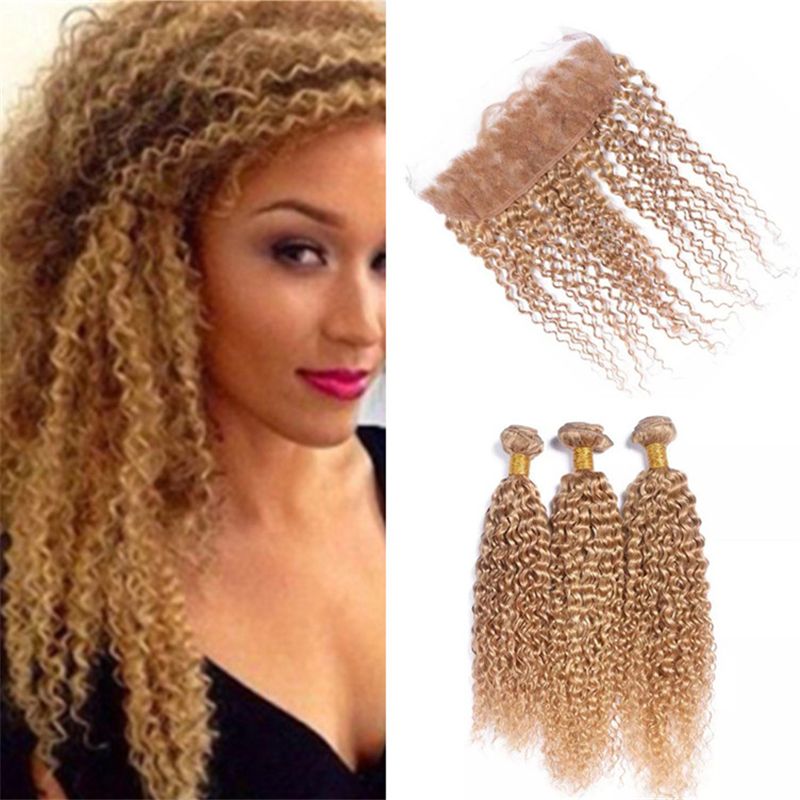 Color 27 Honey Blonde Curly Hair Bundles With Lace Frontal Kinky