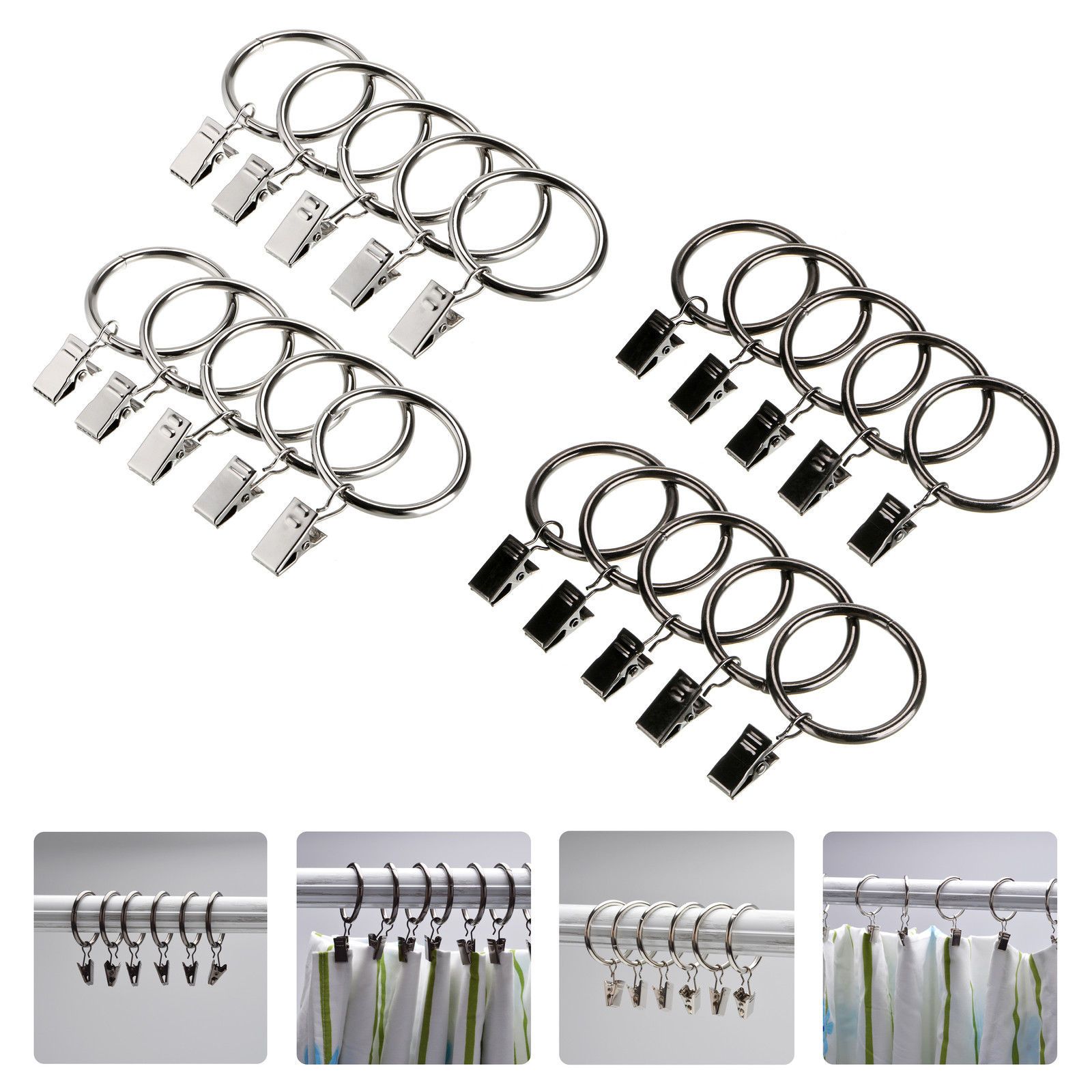 2020 New Set Of Silver Black Color Metal Curtain Pole Ring With Clips ...