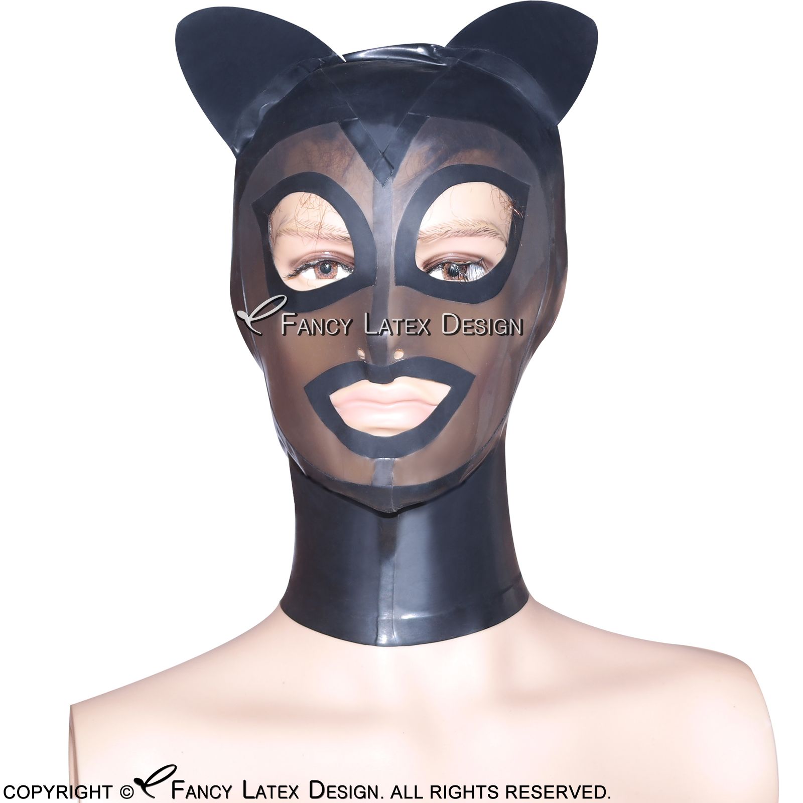 Black With Transparent Black Sexy Latex Cat Hoods With Ears Zipper at