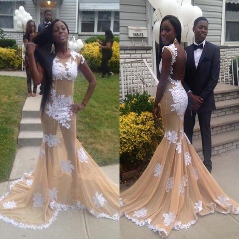 white and champagne prom dress