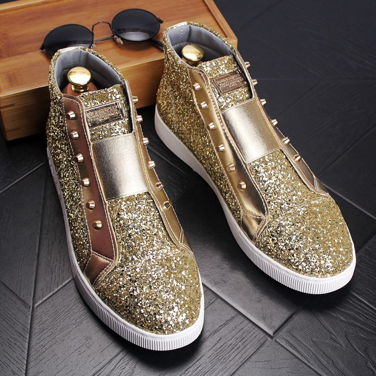 Men's Fashion Rivets Glitter Sequins Skating Board Shoes Mens Brand