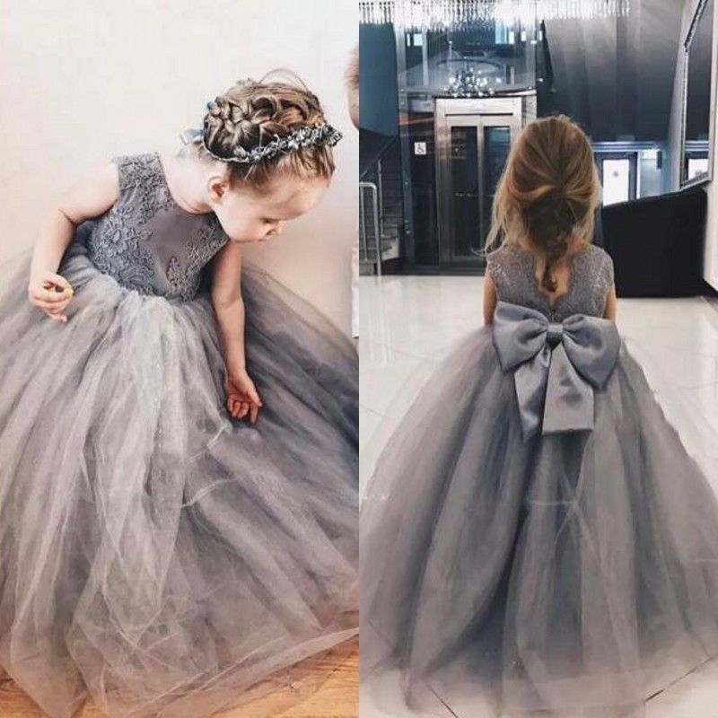 grey blue flower girl dress