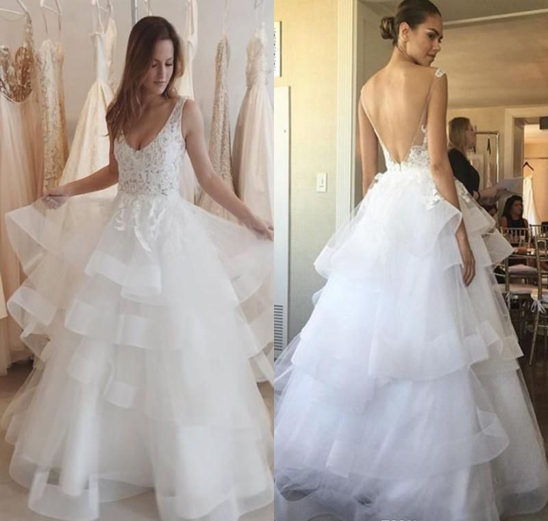 Discount Chic Backless Wedding Dress Sexy Appliques Tiered Ruffle V