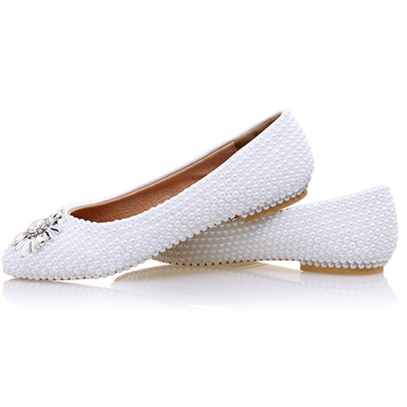 White Pearl Flat Heels Wedding Shoes 