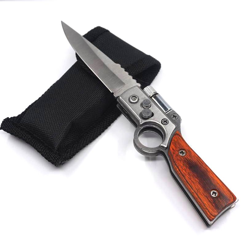 Small AK47 Gun Knife 440 Steel Blade Wood Handle Army Pocket Folding