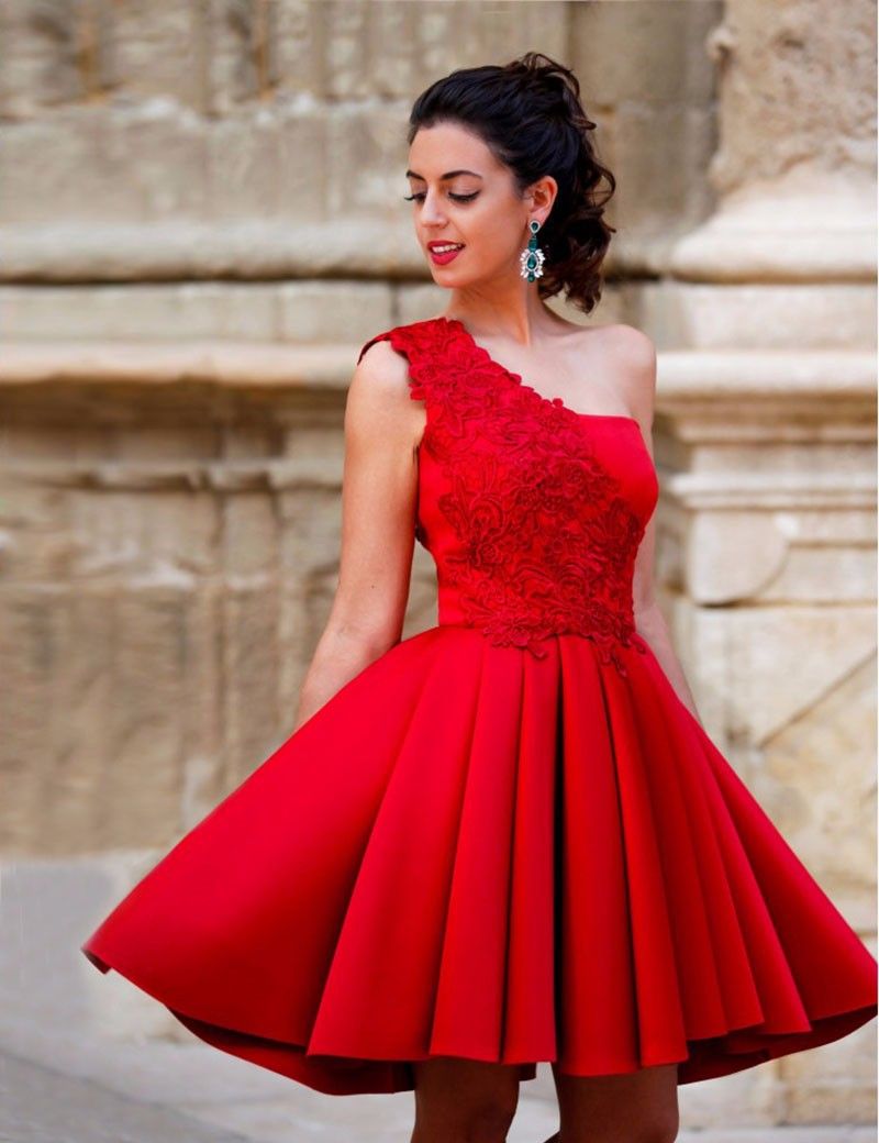 Sparkly Red One Shoulder Cocktail Dresses Lace Satin Short Formal Party ...