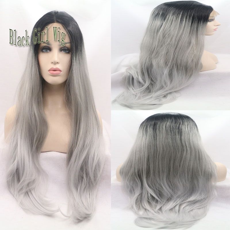 Cheap High Quality Long Silky Straight Black Ombre Gray Synthetic