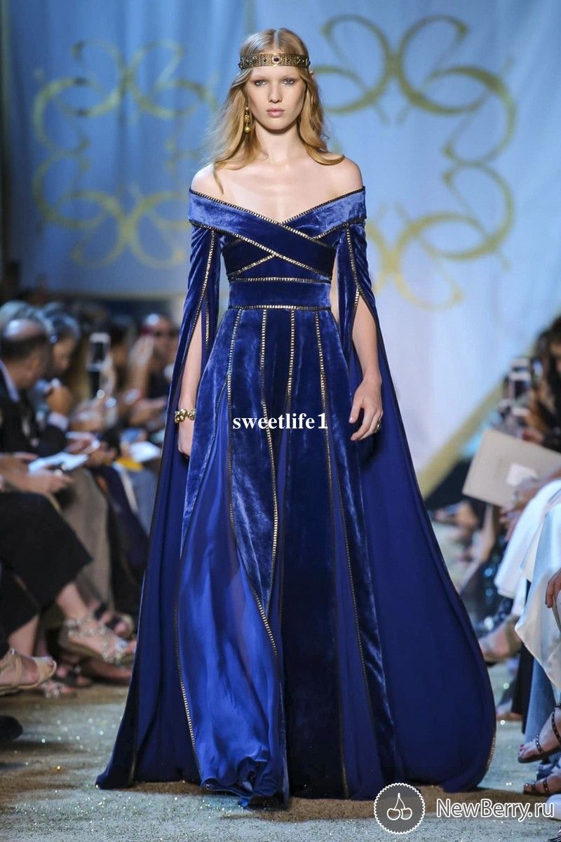 Elie Saab 2019 New Royal Blue Vevlet Evening Dresses Off The Shoulder Gold Crystal Long Sleeve Royal Vintage Style Formal Prom Party Gown From Sweetlife1 161 19 Dhgate Com