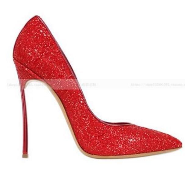 Melhor Qualidade De Venda Por Atacado Gênero 2017 Mulheres Glitter Vermelho  De Salto Alto Sapatos De Lantejoulas De Pano Sapatos De Casamento Senhoras  Ponto Bombas Do Dedo Do Pé Fino Gladiador Sandálias