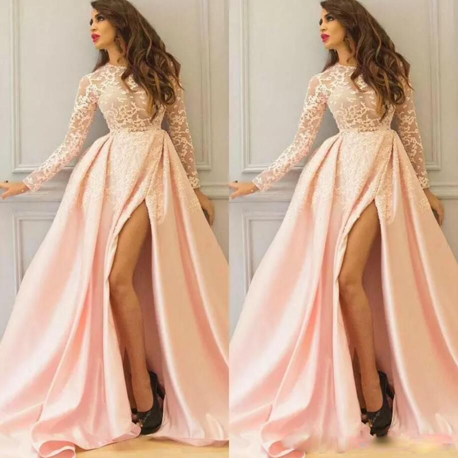 pink formal gowns with sleeves