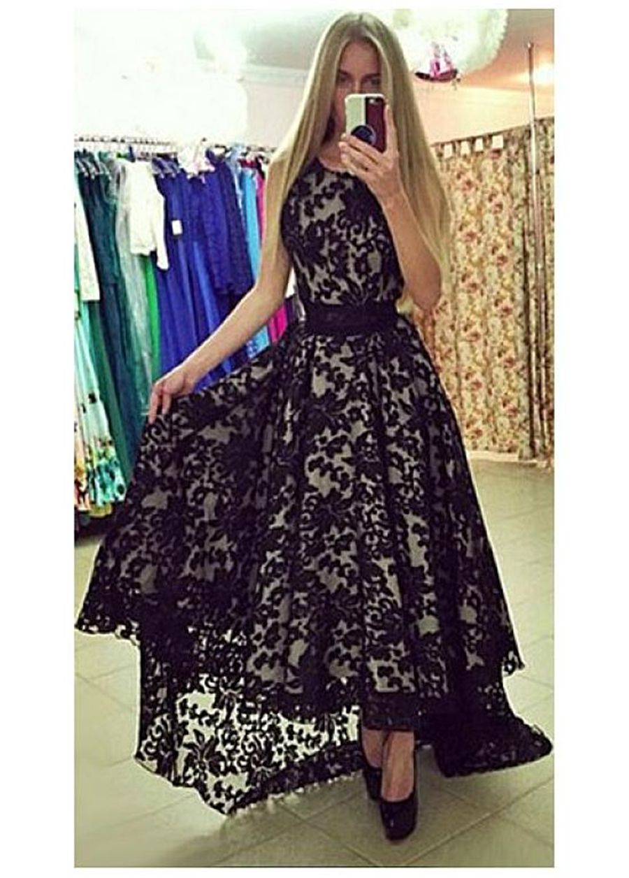 Jewel Deckline Black кружева без рукавов высокий низкий выпускной платья с зрелищными вечерними платьем Vestidos de Formatura Longo