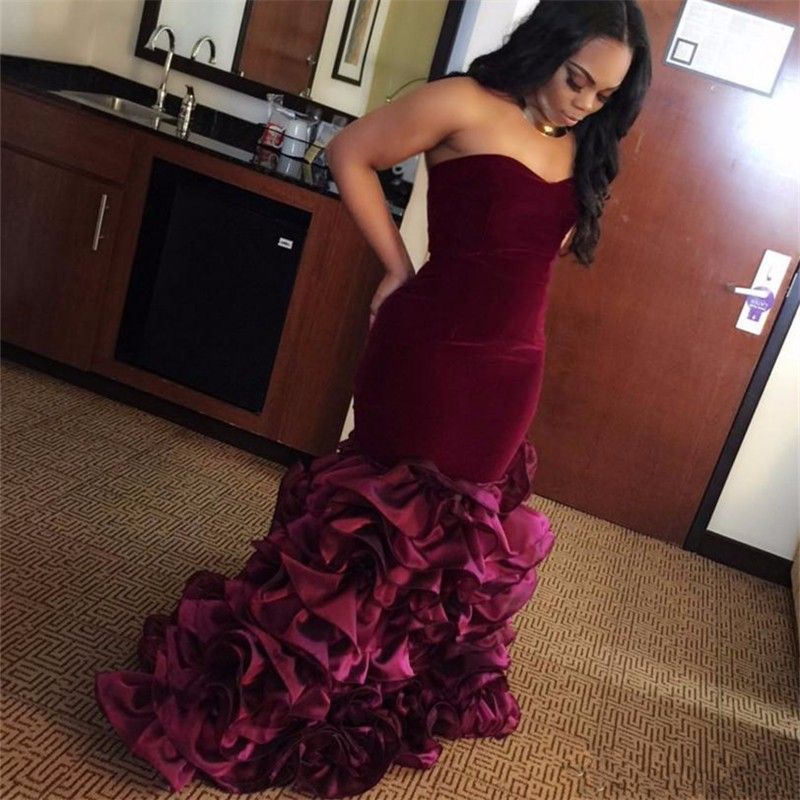 burgundy velvet mermaid prom dress