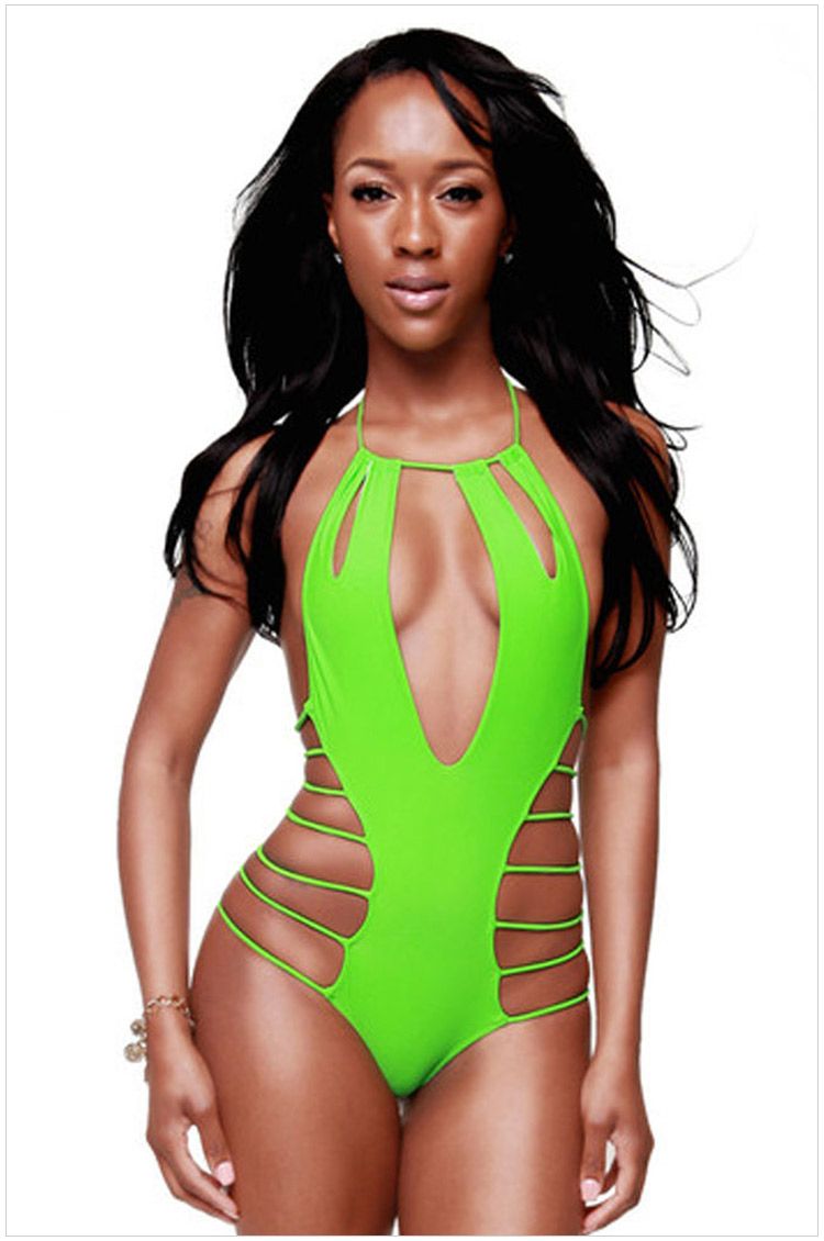 2019 Neon Yellow V Neck Halter High Cut Bodysuit Swimwear ...