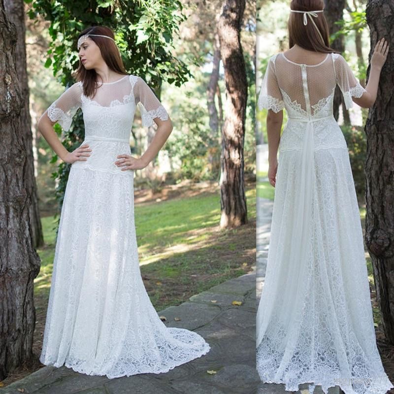 Discount Boho  Wedding  Dresses  2019 Half Lace Sleeves Sheer 