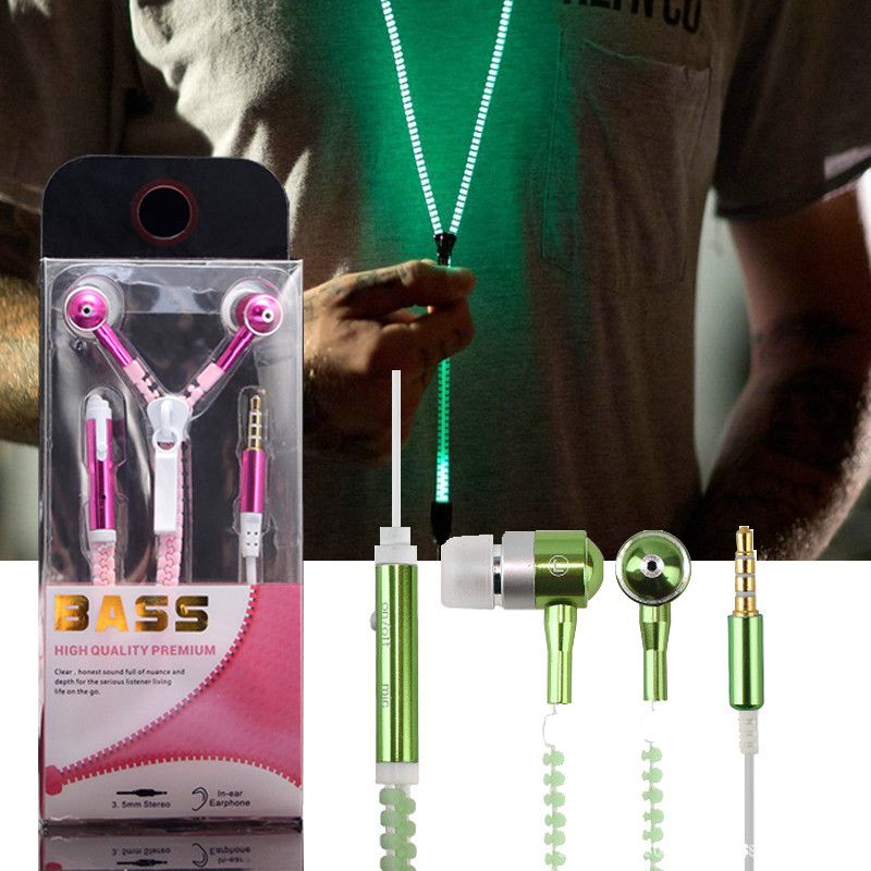 Luminous Earphones Glow In The Dark Headphones Metal Zipper Night Lighting Glowing Headset With