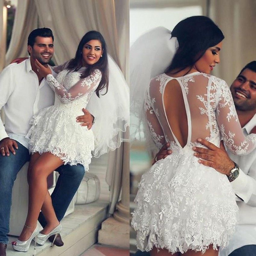 Discount Short Wedding Dresses 2018 White Lace With Long Sleeves