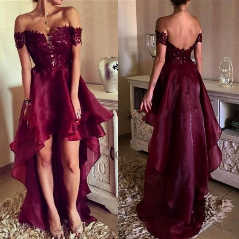 Burgundy Off Shoulder Lace Prom Dresses 2017 High Low Open Back Appliques Formal Evening Dresses
