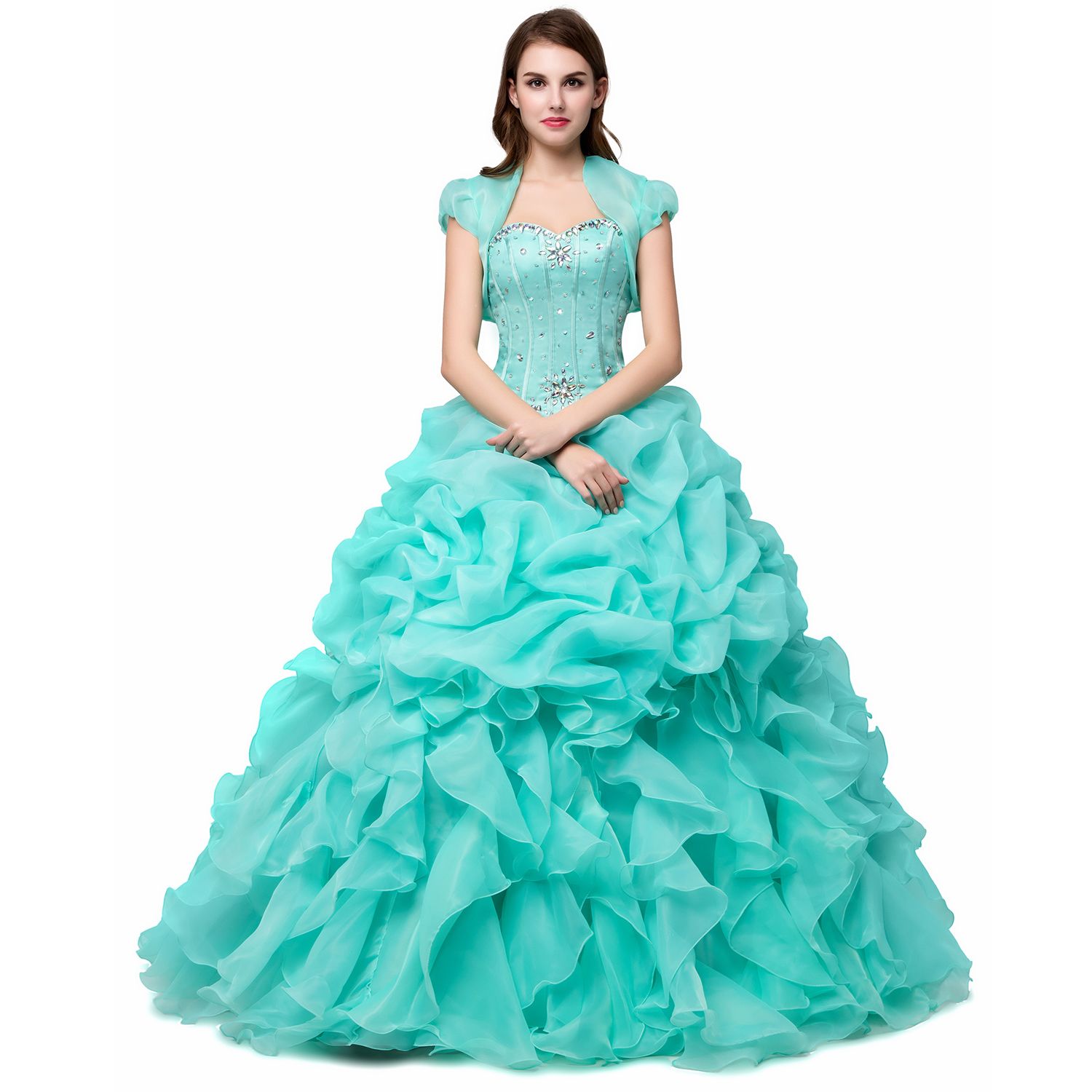 Großhandel Günstige Ballkleider Süße 9 Lange Hellgrün / Rosa / Gelb  Mädchen Quinceanera Kleider Mit Jacke Wrap Vestidos De 9 Anos Formale Prom
