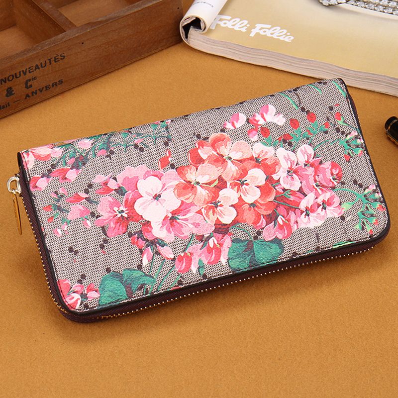 Women Long Wallet Flower Print Women Wallets And Purses Pu Leather