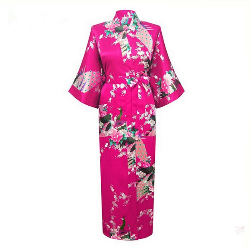 2019 Wholesale Hot Pink Japanese Flower Kimono Dress Gown Sexy Lingerie