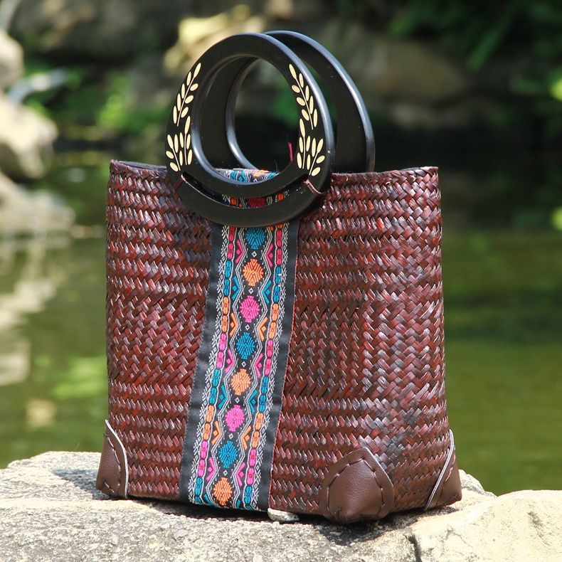 Thai Version Of Grass Woven Bag Womens Wooden Handle Handbag Retro