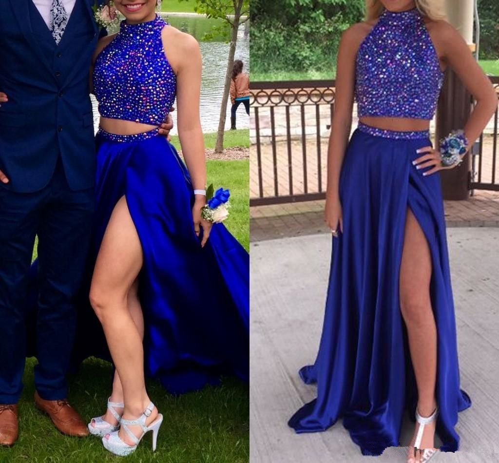 Acquistare 2017 Blu Cobalto Due Pezzi Che Bordano Collo Alto Abiti Da Ballo  Lunghi Spacchi Laterali Spaccati Sexy Da Sera Party Dress Abiti Da Cocktail  Economico | Consegna Veloce E Qualità | DHgate Italy