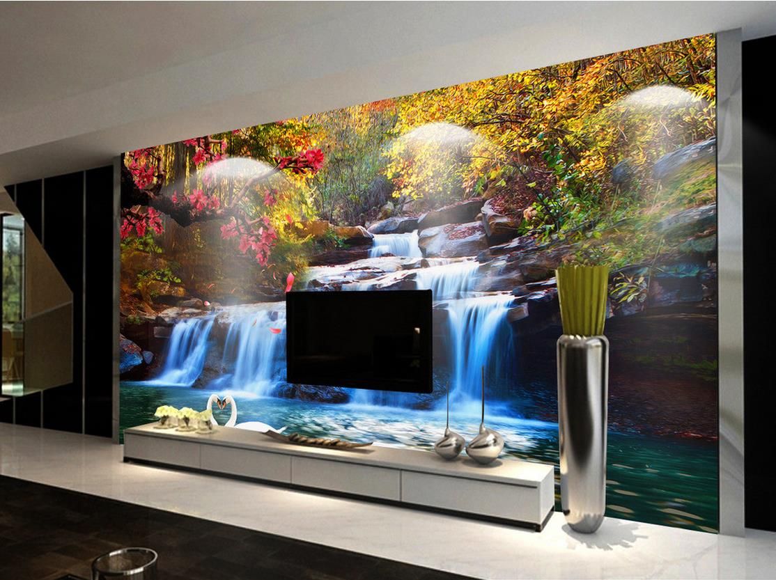 Hd Natural Landscape Woods Waterfall Tv Wall Mural 3d Wallpaper 3d Wall
