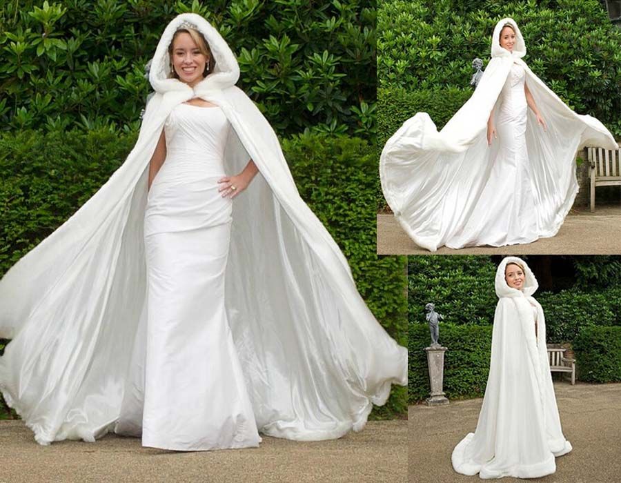 HOT Bridal Winter Wedding Cloak Cape Hooded with Fur Trim Long Bridal Winter