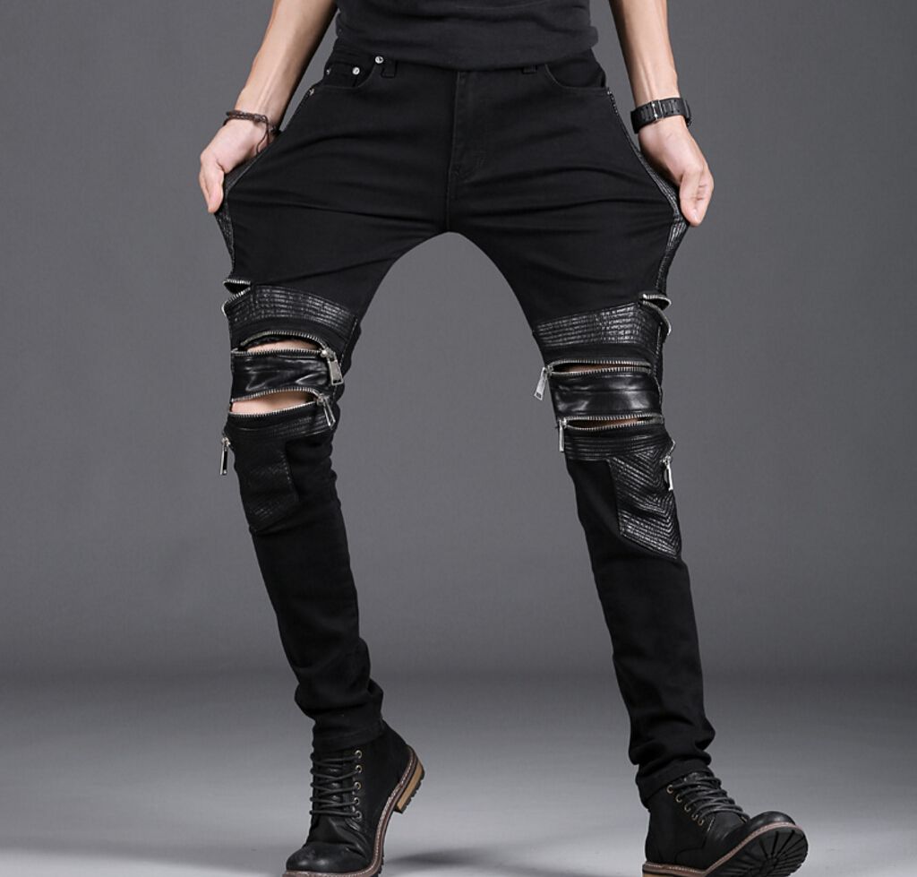 2021 New Mens Skinny Jeans Black Slim Fit Multi Zipper Motorcycle Moto ...