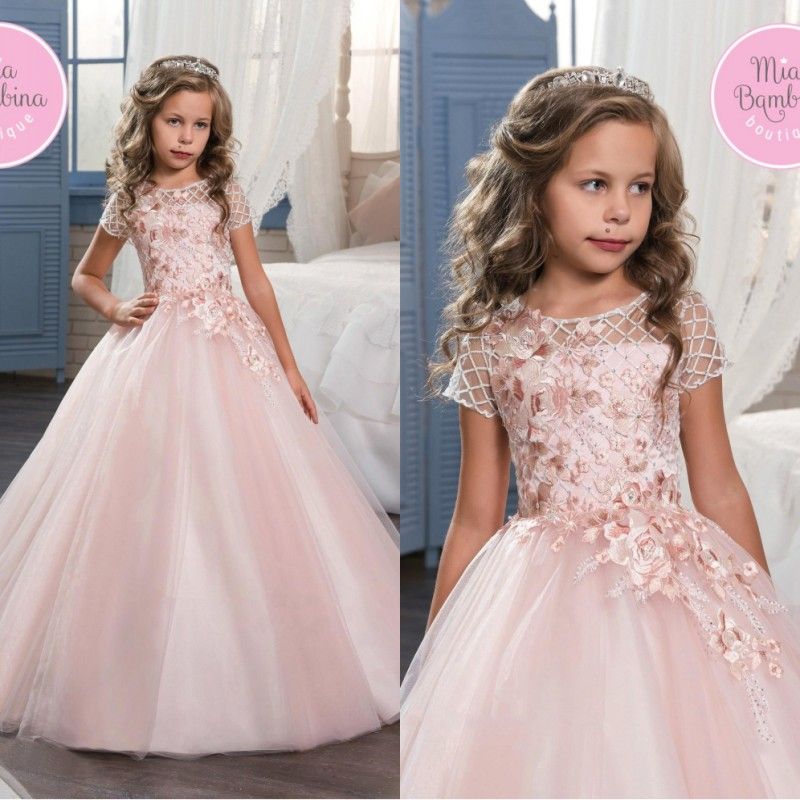 2017 Cute Pink Lace Flower Girl Dresses Wedding Gowns With Sleeves ...