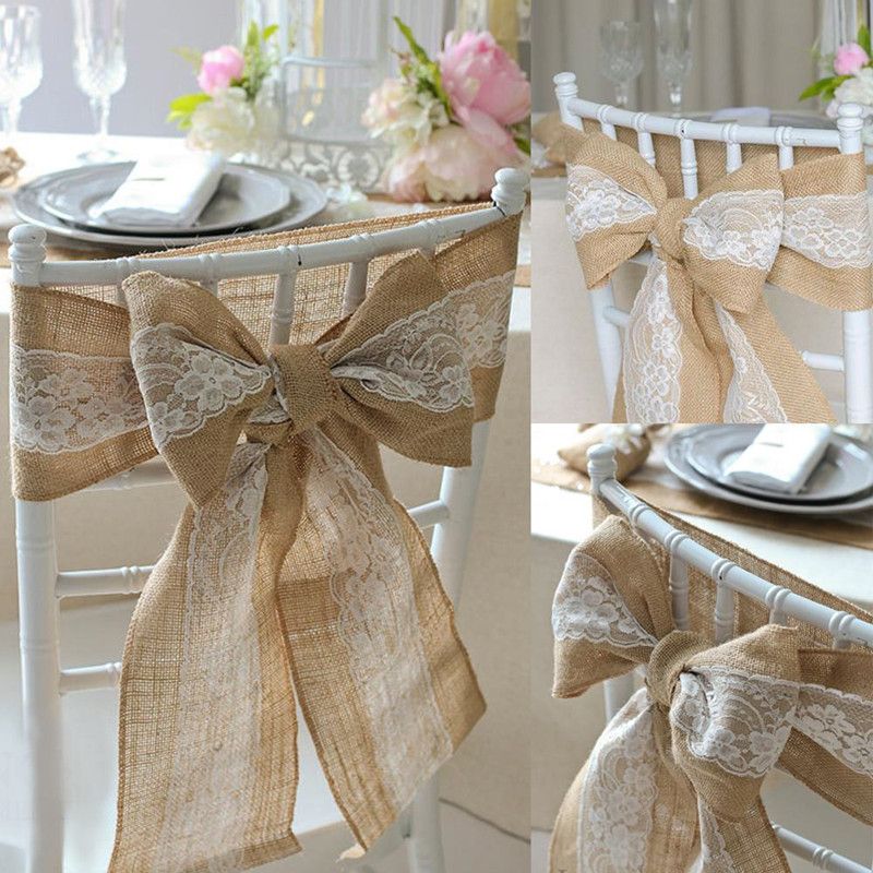New 240 X 15cm Lace Bowknot Burlap Chair Sashes Natural Hessian Jute Linen Rustic Cover Tie For Wedding Party Centerpiece