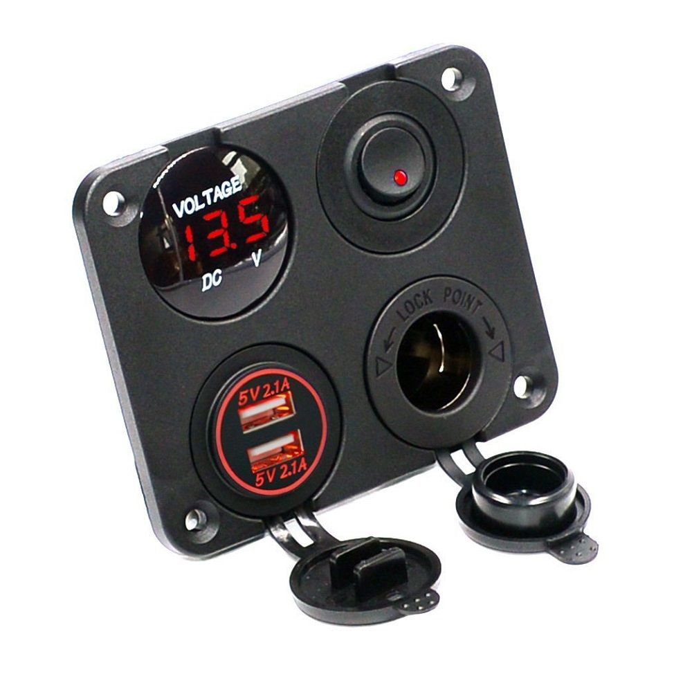 2021 Four Functions Panel Dual USB Socket Charger LED Voltmeter 12V Power Outlet ON OFF Toggle