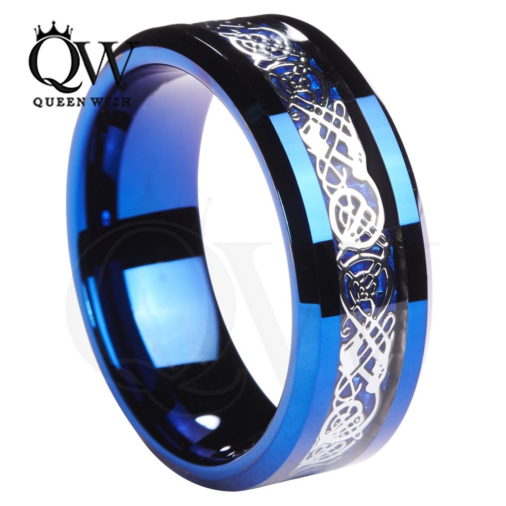 Queenwish Men Promise Rings 8mm Tungsten Blue Ring Celtic Dragon Blue