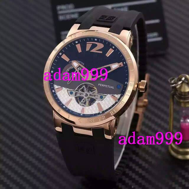 Black Dial Rubber Strap Men Automatic Tourbillon Watches Rose Gold