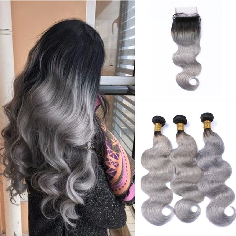 Hot Sale Ombre Hair Extensions With Lace Closure Ombre 1b Grey